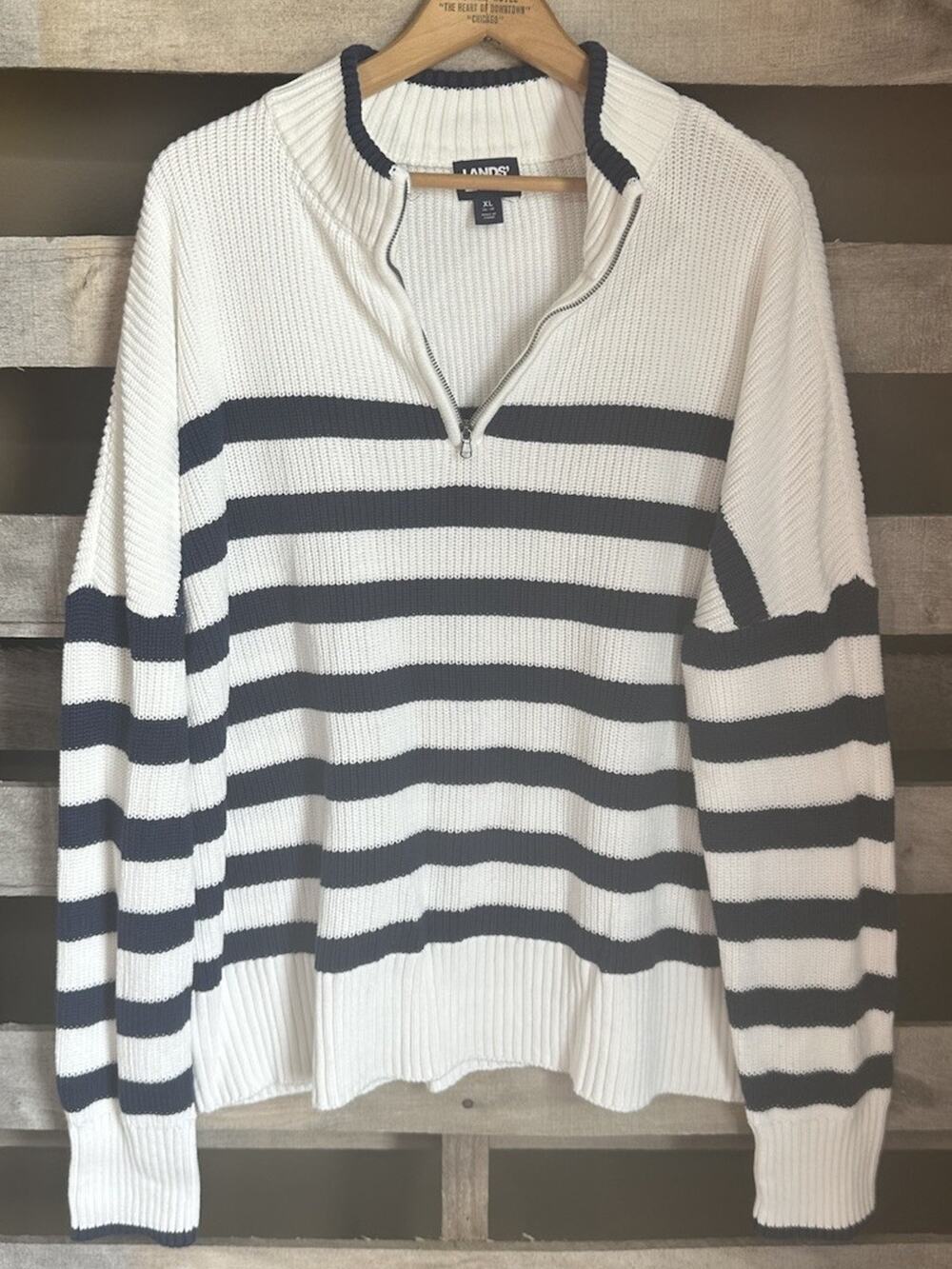 Lands End Ladies Size XL Navy White Striped 100% Cotton Knit Sweater V Neck